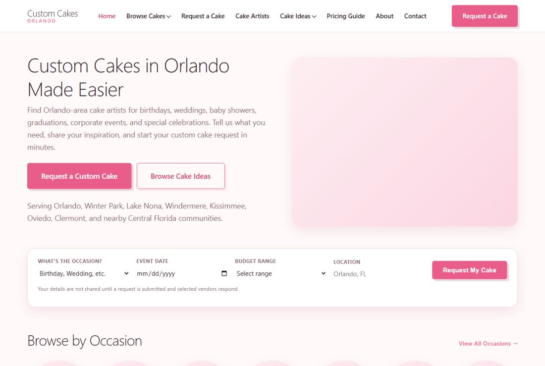 Homepage of CustomCakesOrlando.com
